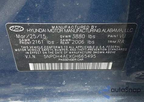 2016 Hyundai Elantra Se from USA, damaged, VIN 5NPDH4AEXGH665495